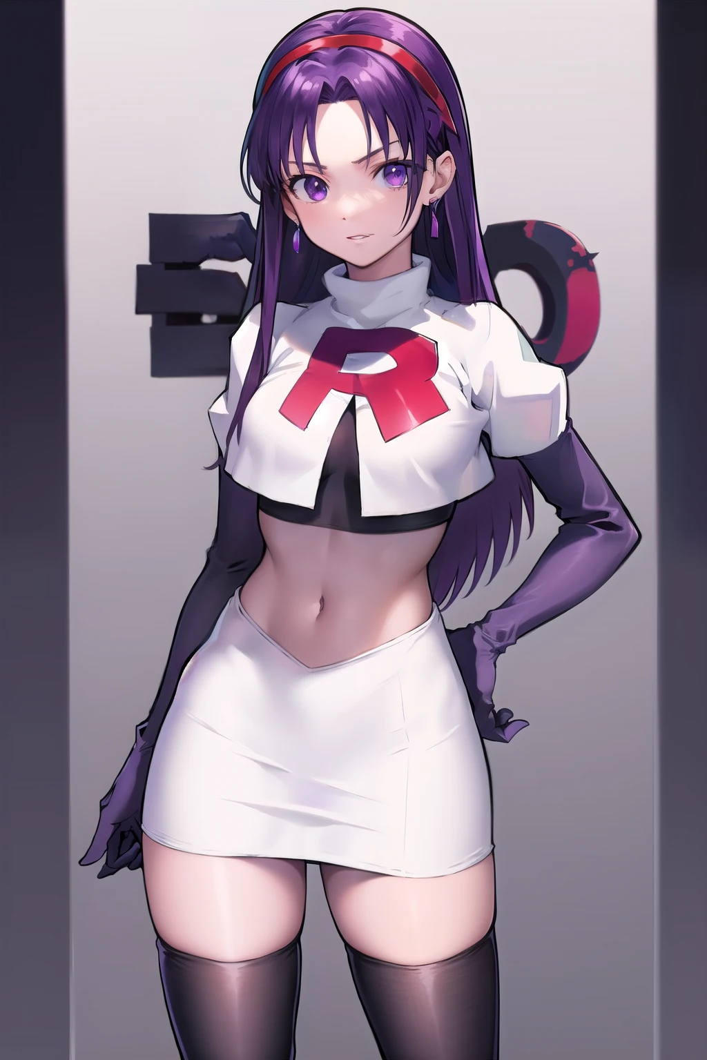 masterpiece, best quality, highres, aa1, purple hair, long hair, hairband, long hair, earrings, medium breasts, team rocket,team rocket uniform,white skirt,red letter R,crop top,black thigh-highs,black elbow gloves