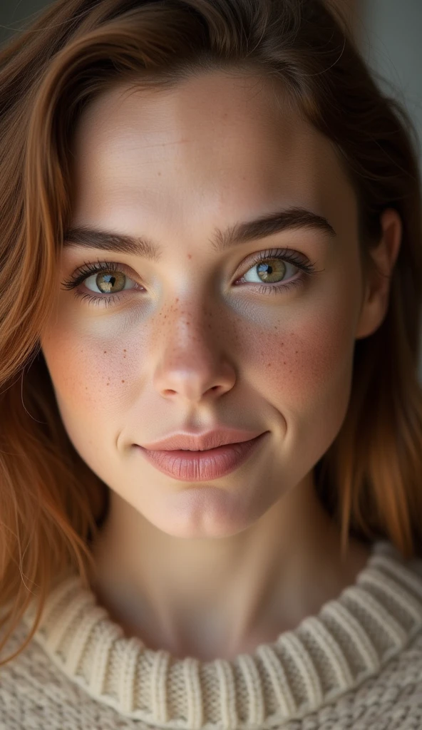 “A close-up of a young woman with freckles and slightly wavy auburn hair, soft natural lighting, wearing a knitted sweater, detailed skin texture with pores visible, neutral background blurred for focus, cinematic lighting, 85mm lens for a photorealistic portrait.”
