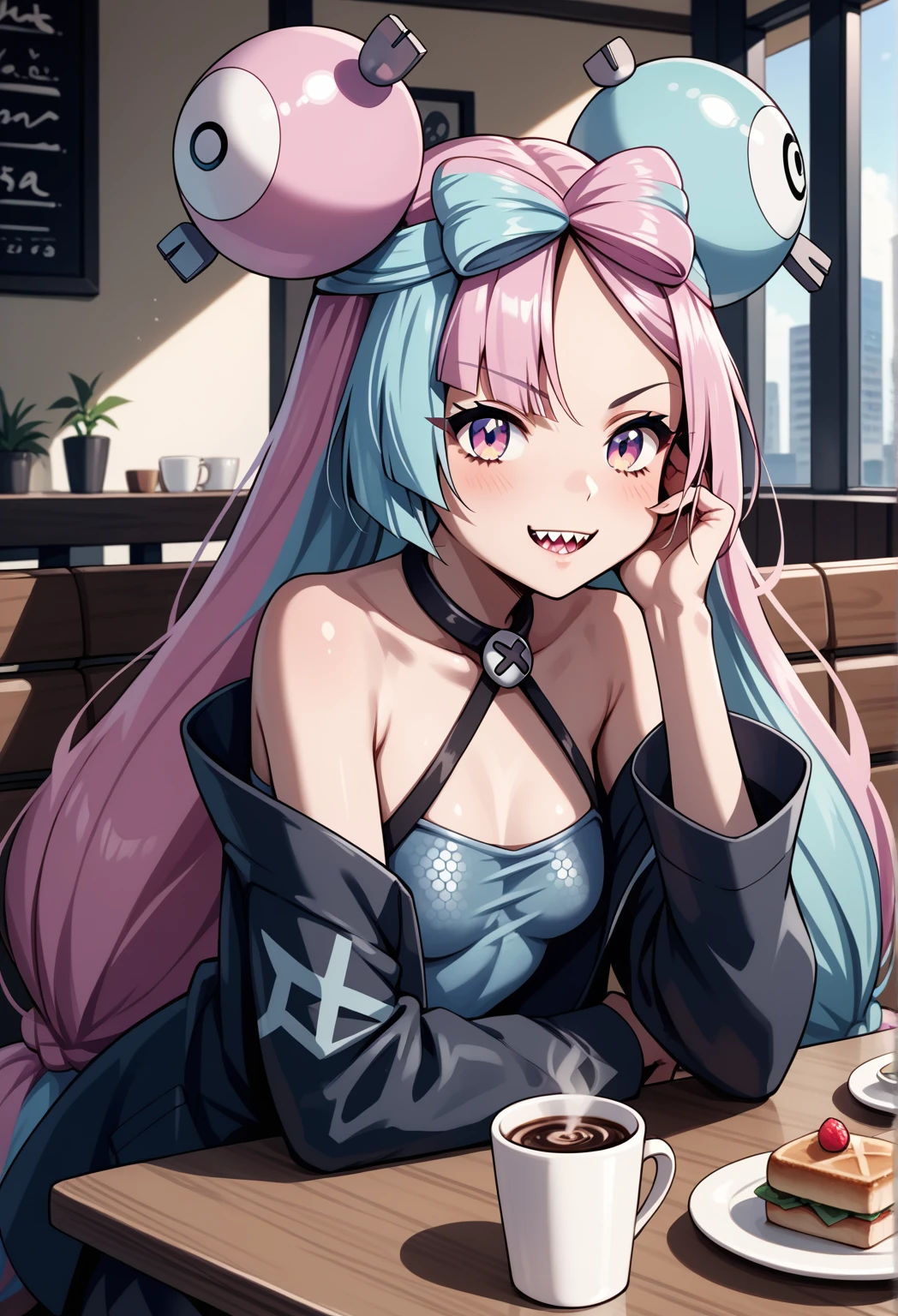 BREAK Those_Anime-Series, (pokemon iono, blue hair, bow-shaped hair, character hair ornament, hair ornament, long hair, low-tied long hair, multicolored hair, pink hair, sharp teeth, split-color hair, twintails, two-tone hair, pink eyes, , small breasts, cafe, sitting, table, coffee, arm rest, hand on own cheek,