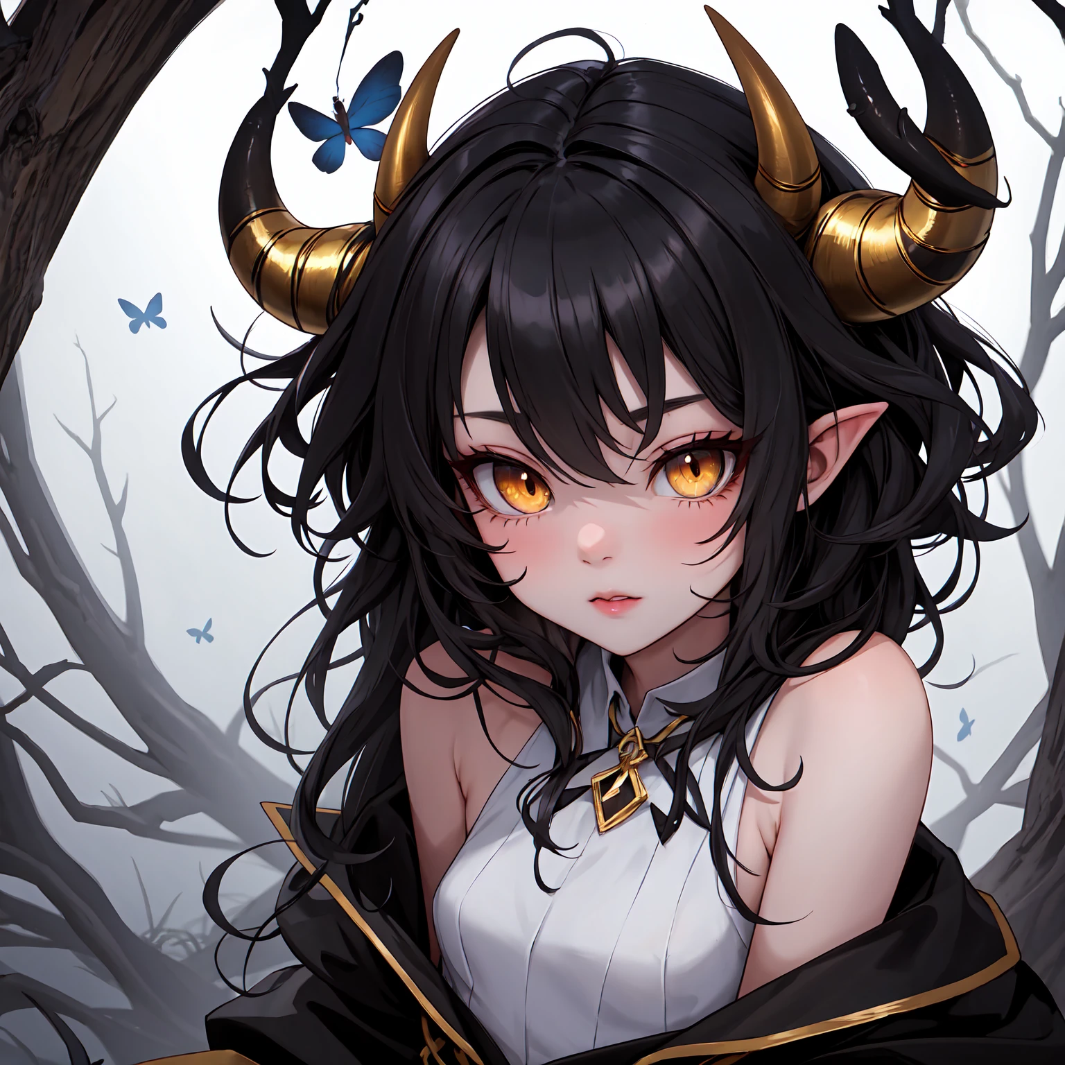 Beautiful demon girl, long black hair, golden hazel eyes, messy hair, cute, attractive, very small waist, very big backside, bug eyes, very soft clear skin, turned up nose, small demon horns. 