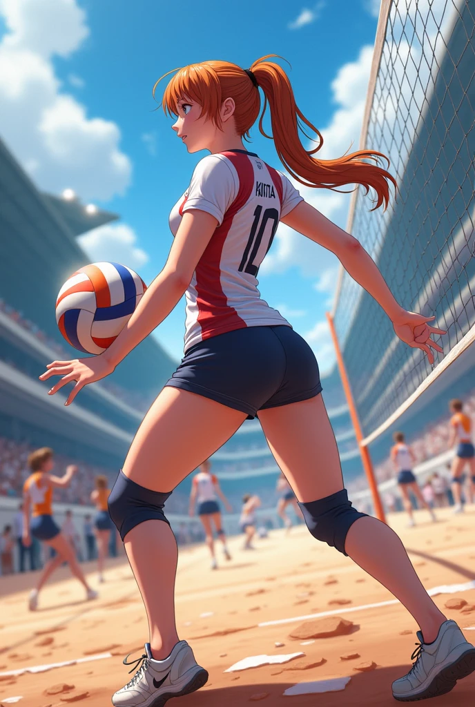 Masterpiece:1.2, Best quality), Realistic, (Real picture, Intricate details, Depth of field), (1girll, Solo), make up, parted lip, highly  detailed, Perfect face,
(little breast:1.4), (skin indentation), Toned thighs, Wide hips, Small waist, Tall, glossy coral lips,
red hair, Red eyes, pony tails,
(A girl playing volleyball, white volleyball suit), (full of sweat:1.2), (Wet), Sexy, Blushing,