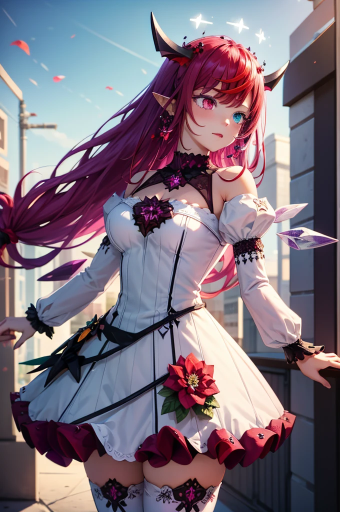 IrysBase, heterochromia, long hair, double halo, detached wings, white dress, detached sleeves, bare shoulders, flower, purple thighhighs