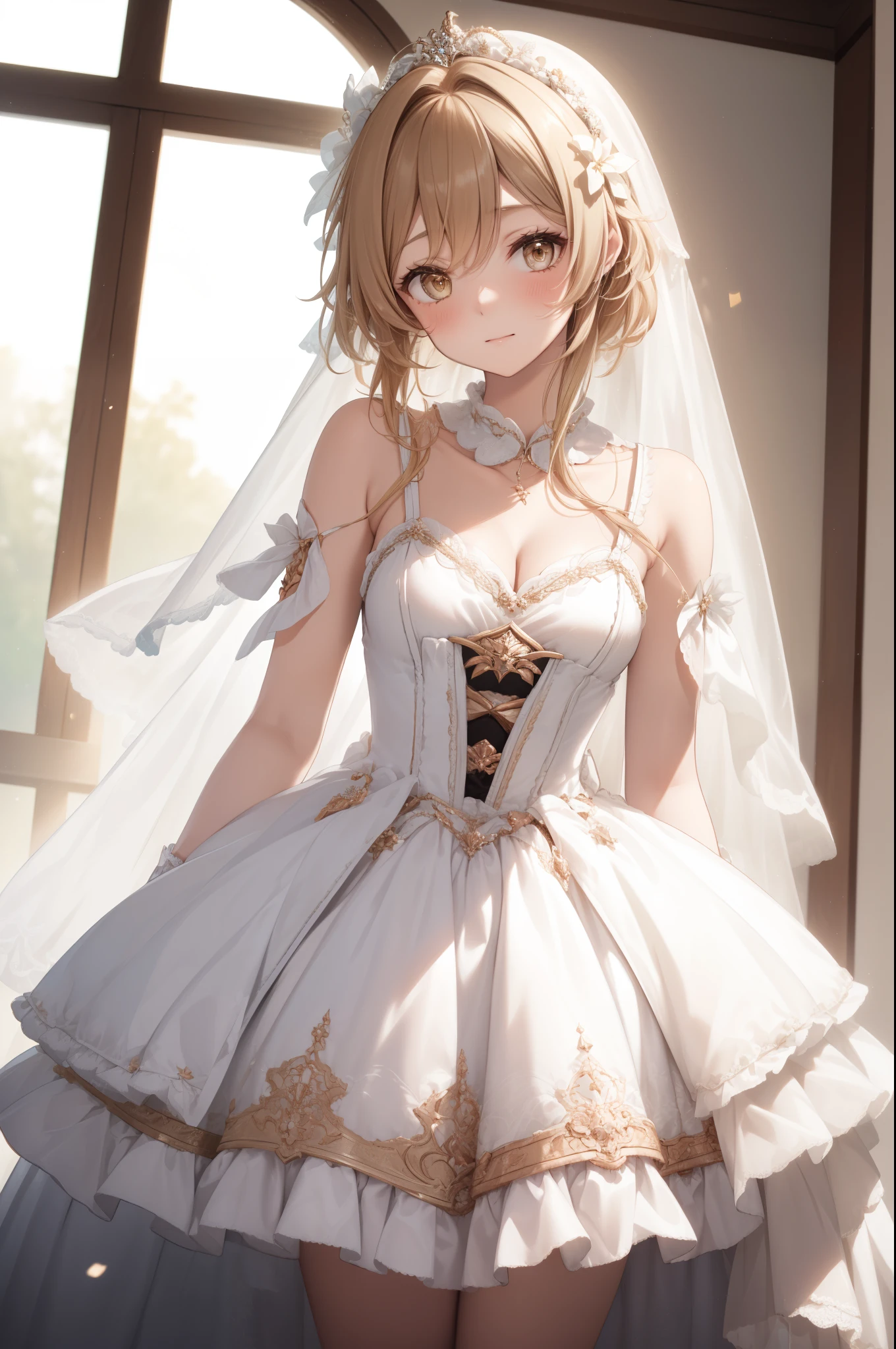 (Best quality,4K,8K,high resolution,masterpiece:1.2), Girls,Obsessed,have fun,in love,Light princess dress,Wedding Dress,White No Smell,Transparent clothes,A little aqua blue fabric,A little lace,A few white wrinkles,Exquisite clothing,Starry Sky,Alone,night