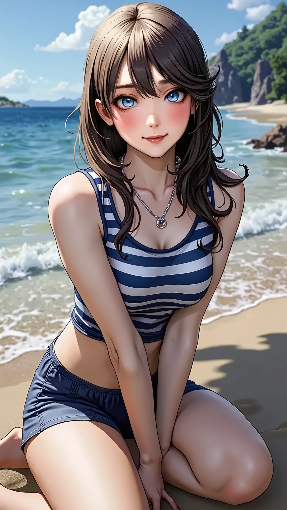 brown curly hair, high quality, 8k, wet body, Wet hair, looks at the viewer, full length, you can see the head, visible legs, wide waist, smiling, Sitting on the sand, Near the sea, legs spread, hands between legs, Braces, pixar style, nude body, sexy