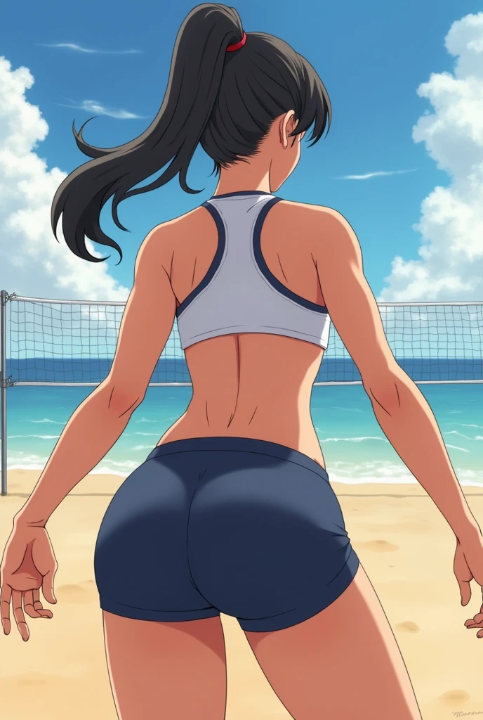 , hot, sweating, sweaty, tan, big boobs, tan skin, flustered, blush, in swimsuit, school swimsuit, dark blue swimsuit,, see thru, low angle, (from below), looking at viewer, cowboy shot, ass, booty, big ass, black hair, ponytail, one girl, close upp, ass close up, se thru, japanese wimsuit, japanese chool swimsuit