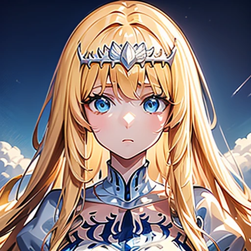 (masterpiece, best quality, 8K HD, colorful ink painting, watercolor splashing pencil drawing), Calca Bessarez, blonde hair, extremely long hair, white tiara, white dress, blunt bangs, (enormous white wings:1.3), (very big wings:1.2), (upper wings:1.1), light blue eyes, solo, 25 years old, mature female, a beautiful smiling girl, her hands on her cheeks, sunflowers and wildflowers on her hair, anime style, full body portrait, detailed character design, complex clothing and design, digital art style, white background