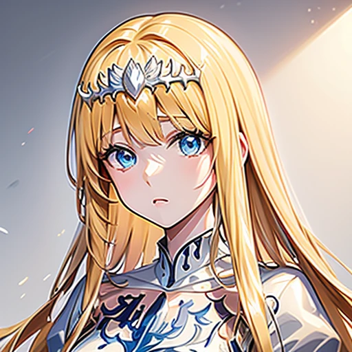 (masterpiece, best quality, 8K HD, colorful ink painting, watercolor splashing pencil drawing), Calca Bessarez, blonde hair, extremely long hair, white tiara, white dress, blunt bangs, (enormous white wings:1.3), (very big wings:1.2), (upper wings:1.1), light blue eyes, solo, 25 years old, mature female, a beautiful smiling girl, her hands on her cheeks, sunflowers and wildflowers on her hair, anime style, full body portrait, detailed character design, complex clothing and design, digital art style, white background