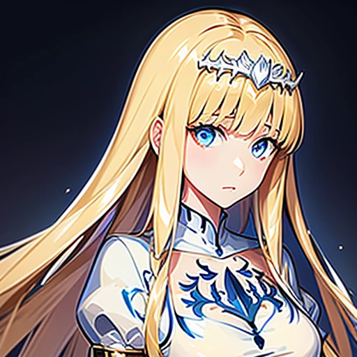 (masterpiece, best quality, 8K HD, colorful ink painting, watercolor splashing pencil drawing), Calca Bessarez, blonde hair, extremely long hair, white tiara, white dress, blunt bangs, (enormous white wings:1.3), (very big wings:1.2), (upper wings:1.1), light blue eyes, solo, 25 years old, mature female, a beautiful smiling girl, her hands on her cheeks, sunflowers and wildflowers on her hair, anime style, full body portrait, detailed character design, complex clothing and design, digital art style, white background