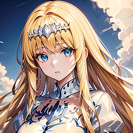 (masterpiece, best quality, 8K HD, colorful ink painting, watercolor splashing pencil drawing), Calca Bessarez, blonde hair, extremely long hair, white tiara, white dress, blunt bangs, (enormous white wings:1.3), (very big wings:1.2), (upper wings:1.1), light blue eyes, solo, 25 years old, mature female, a beautiful smiling girl, her hands on her cheeks, sunflowers and wildflowers on her hair, anime style, full body portrait, detailed character design, complex clothing and design, digital art style, white background