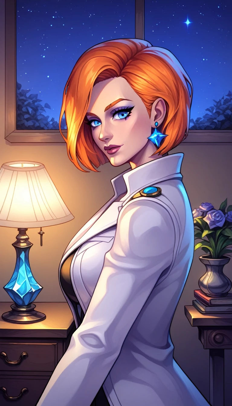 best quality, (masterpiece:1.2), illustration, absurdres, (1girl, solo), (beautiful detailed girl), ((upper body, portrait)),, Kaela MacMillan, short hair, orange hair, blue eyes, medium breasts, blue crystal earrings, white jacket, , cool, calm, looking at viewer,, inside elegant bedroom, night, window, curtain, starry sky, lamp, bookcase, nightstand, vase, desk,