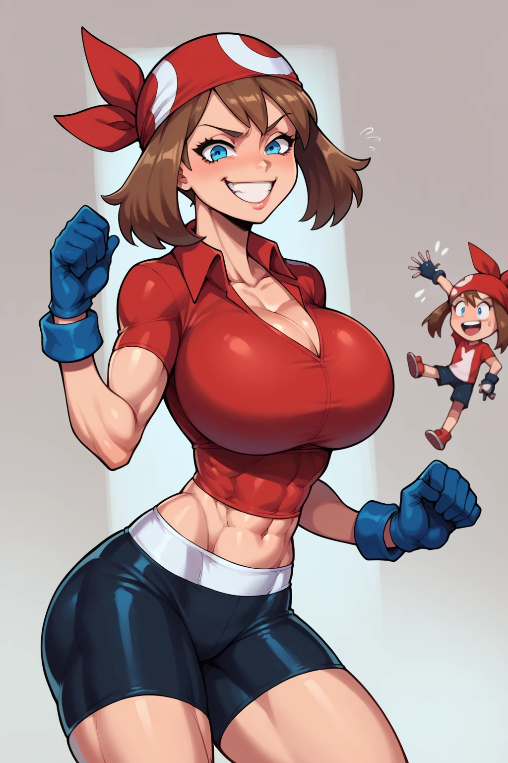 score_9, score_8_up, score_7_up, BREAK, anime style, MayPXL, blue eyes, brown hair, short hair, red bandana, red shirt, short sleeves, gloves, black shorts, torso, smug smile, gigantic bust, toned, strong, bimbo body, 