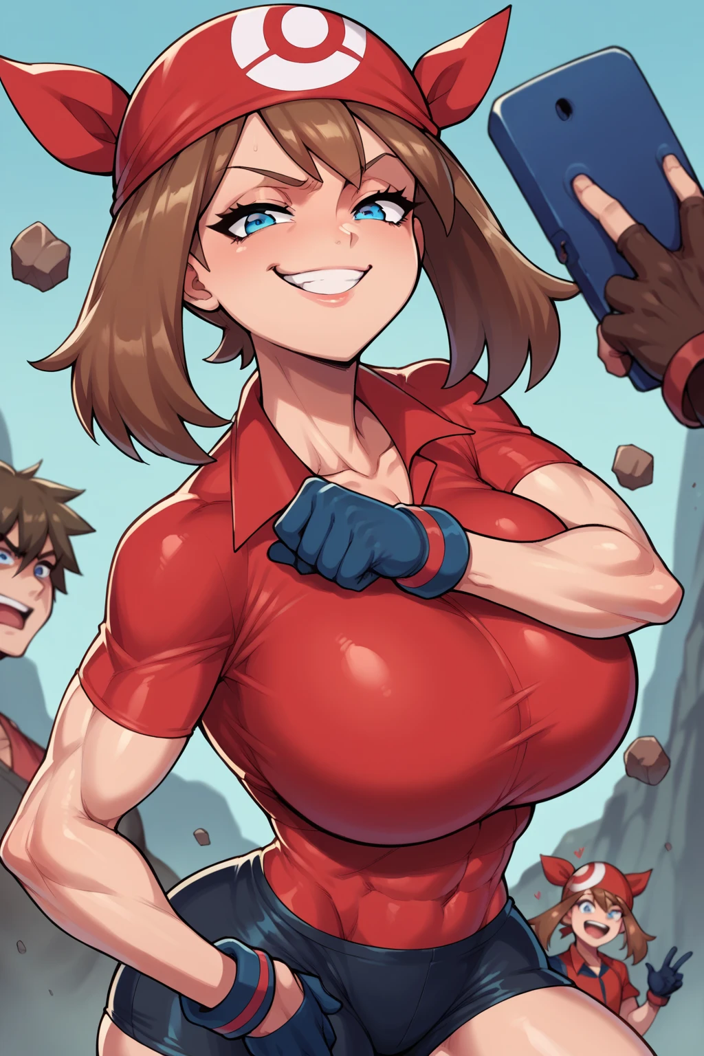 score_9, score_8_up, score_7_up, BREAK, anime style, MayPXL, blue eyes, brown hair, short hair, red bandana, red shirt, short sleeves, gloves, black shorts, torso, smug smile, gigantic bust, toned, strong, bimbo body, 