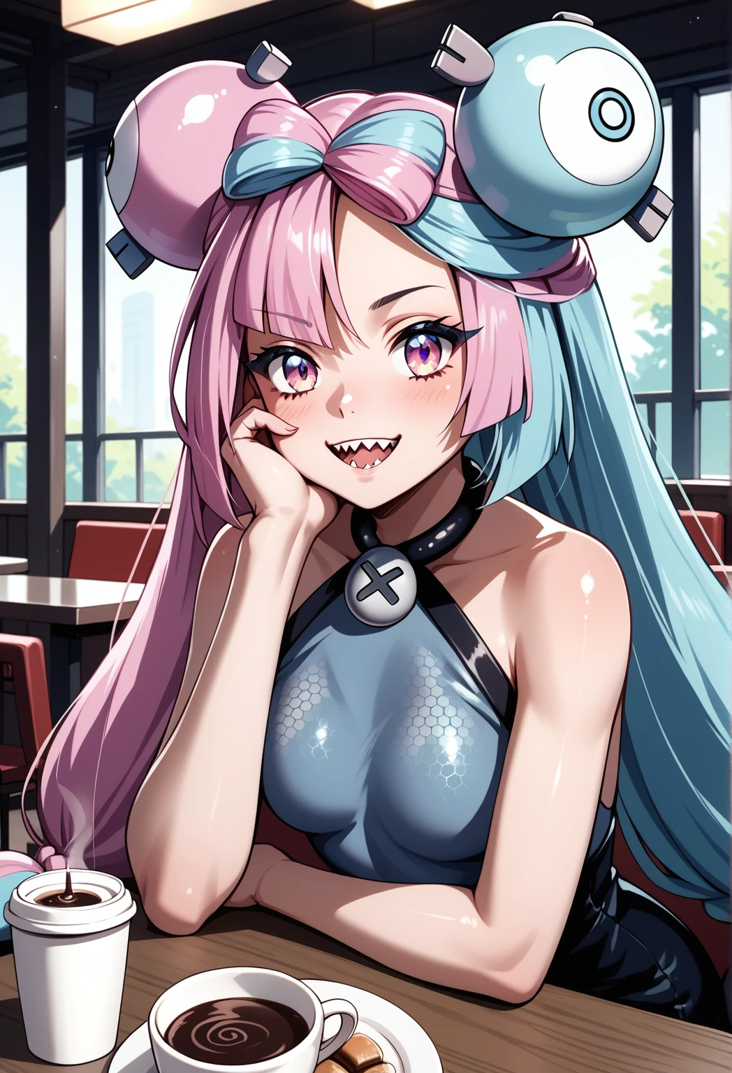 BREAK Those_Anime-Series, (pokemon iono, blue hair, bow-shaped hair, character hair ornament, hair ornament, long hair, low-tied long hair, multicolored hair, pink hair, sharp teeth, split-color hair, twintails, two-tone hair, pink eyes, , small breasts, cafe, sitting, table, coffee, arm rest, hand on own cheek,