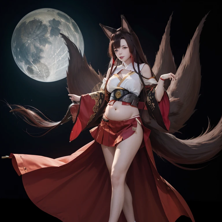 Akagi (Azur Lane), foxgirl, 9 tail, long hair, brown hair, red eyes, makeup on eyes,brown half red kimono, belly exposed, pregnant belly,  round fat belly, red skirt, red hair clips, red skirt, metal sash, standing, simple background