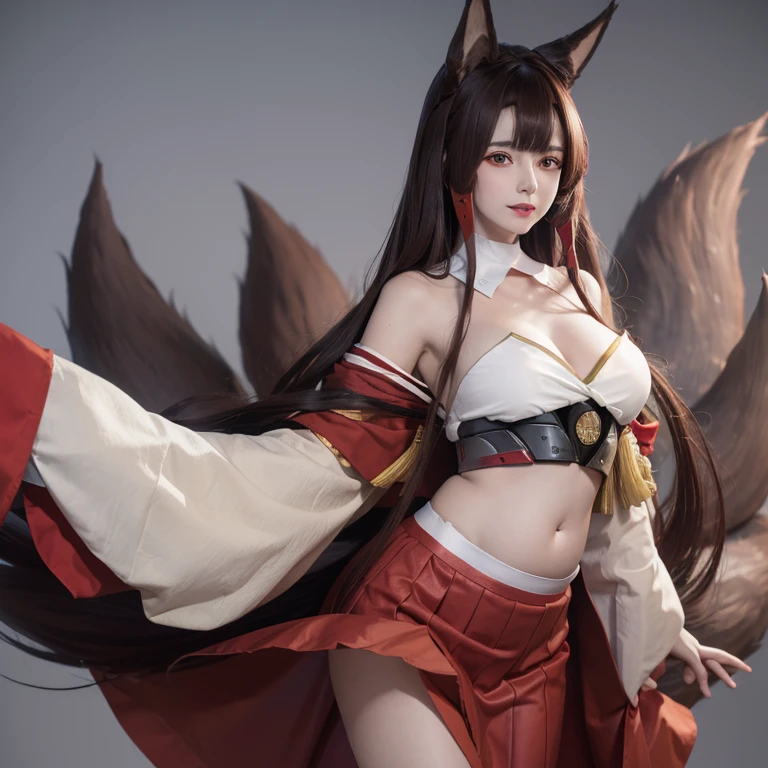 Akagi (Azur Lane), foxgirl, 9 tail, long hair, brown hair, red eyes, makeup on eyes,brown half red kimono, belly exposed, pregnant belly,  round fat belly, red skirt, red hair clips, red skirt, metal sash, standing, simple background