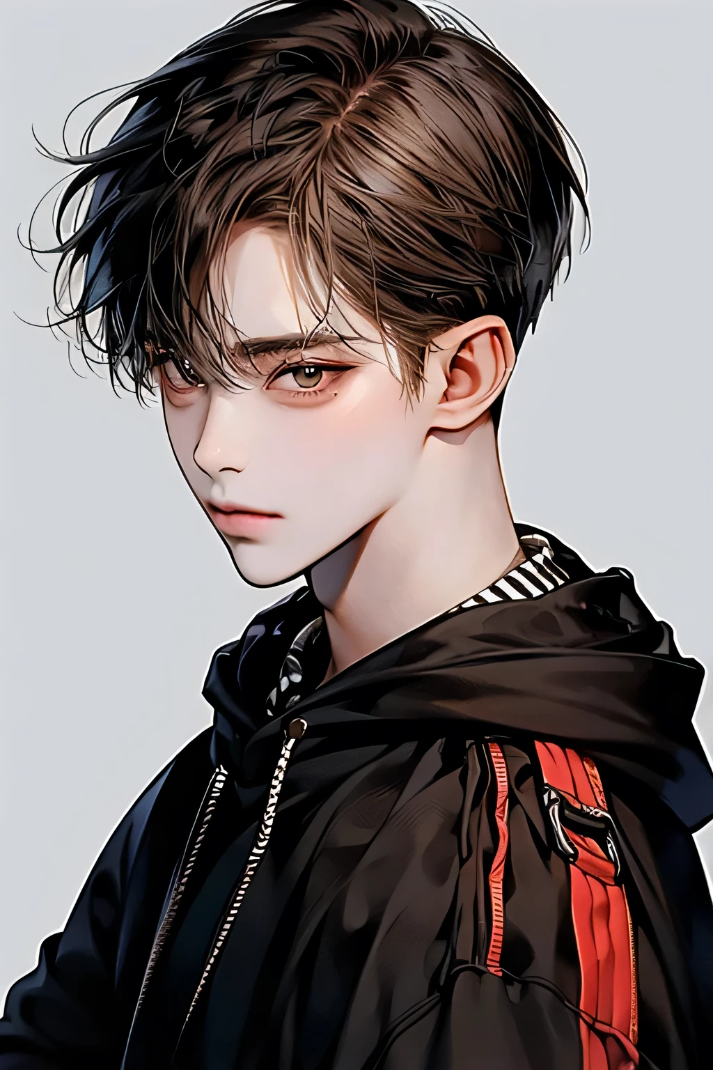 masterpiece, best quality, Detailed Eyes, high quaility, 1 male, male, 1 boy, gentle, soft, handsome, tall, brown hair, brown eyes, have a broad shoulders, One person, a hadsome man, Korean man, cool man, undercut, ((짧은 머리)), skinny, ((simple backgroud)), ((be wearing a hoodie))