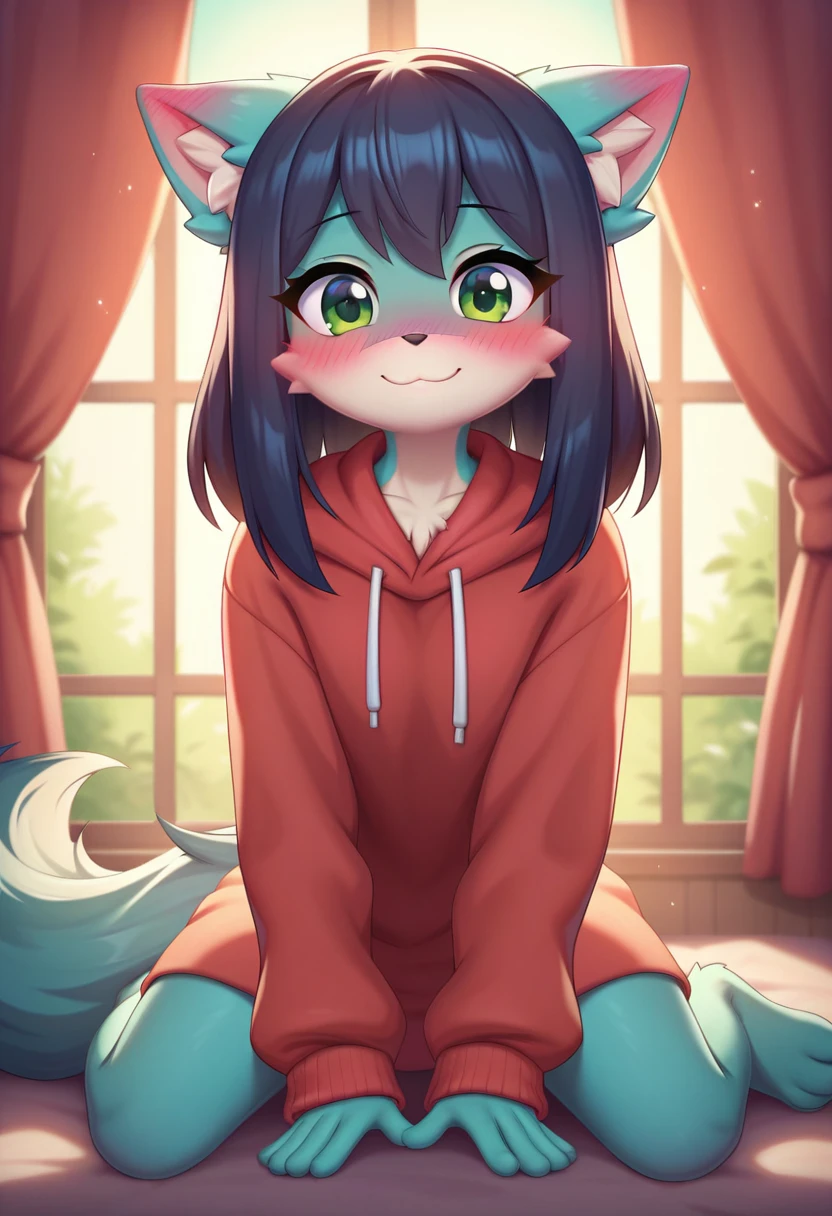 score_9, score_8_up, score_7_up, score_6_up, score_5_up, score_4_up, masterpiece, best quality, high detailed, detailed face, cute, slim, anthro, rolo, beautiful and detailed green eyes, embarrassed, blushing, nose blush, ear blush, looking down, small mouth, sitting kneeling, front view, by zinfyu, playing video games, big fluffy paws, smiling happily at the viewer, 