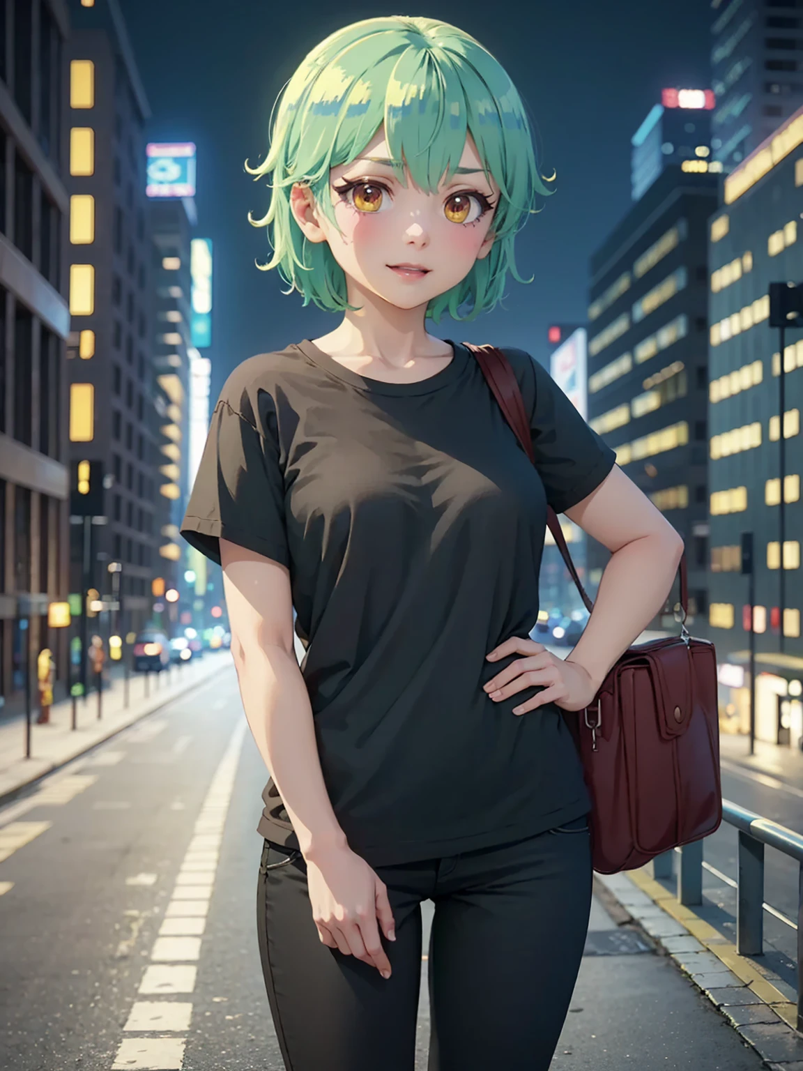 Realistic and incredible artwork , character with cheerful facial expression and extremely detailed features .  A pretty girl is wearing a black t-shirt and black pants.  She has short green hair ,  and she's in a city at night .