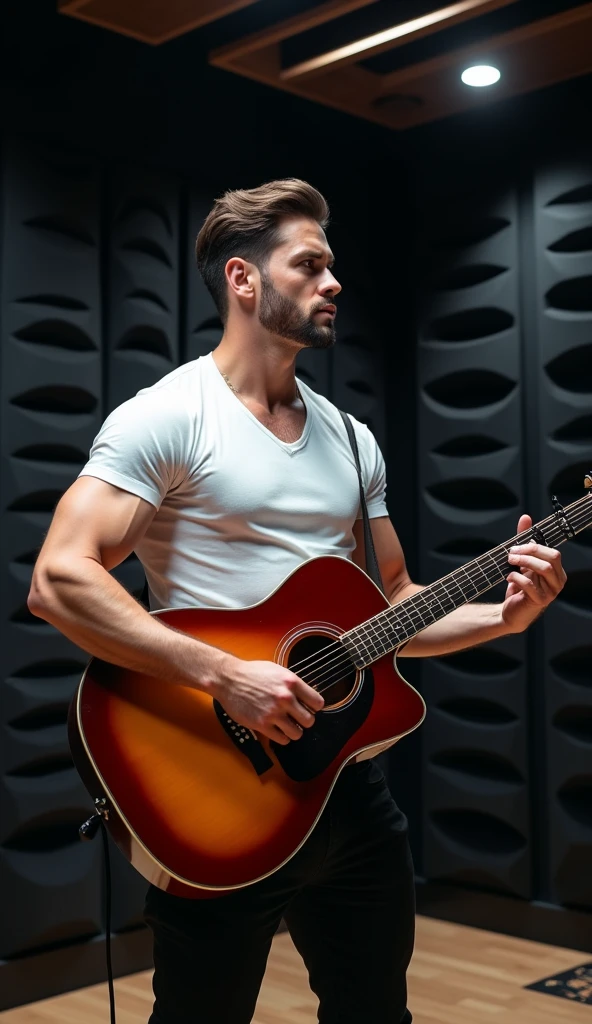 A nerdy boy with glasses and thin, beardless black hair, he is in his room, naked, he is holding a guitar, hyper-realistic, 8k, high quality, intricate details, cinematic composition, glowing skin, dramatic atmosphere, moody lighting , photorealistic, sexy pose, erotic, intimate and moody atmosphere