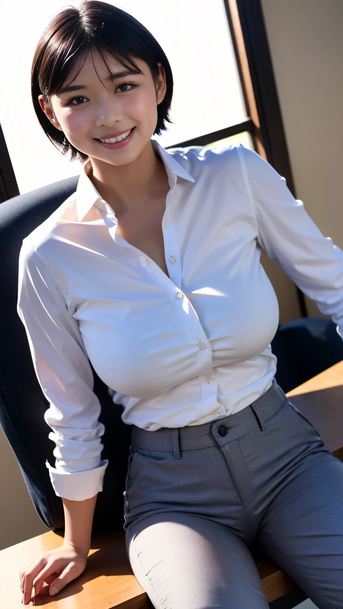 Best Quality,masterpiece, ultra high resolution, highdefinition RAW color photo, professional photos , natural skin texture, fine skin, Hyperrealism , Japanese Women,(smile, Shortcut Hair,(WHITE shirt, cutter shirt,gray pants style), office),Big Breasts