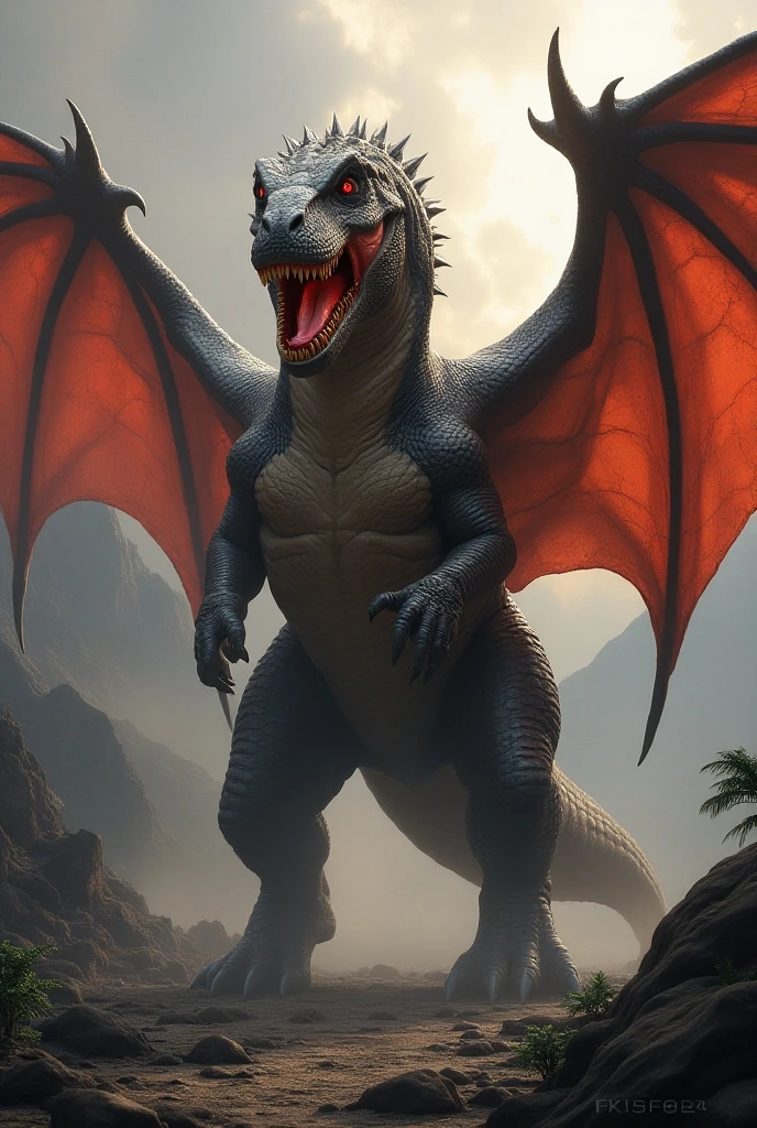 This is a digital image of a dragon with its mouth wide open, sharp teeth and sharp claws and wings.   A dragon is flying over a rocky surface with black clouds in the background.   Its body is covered with scales and its tail is wrapped around its body.   His eyes were red and his mouth was wide open, like a roar or a roar.   The general feeling of the image is fierce and powerful.