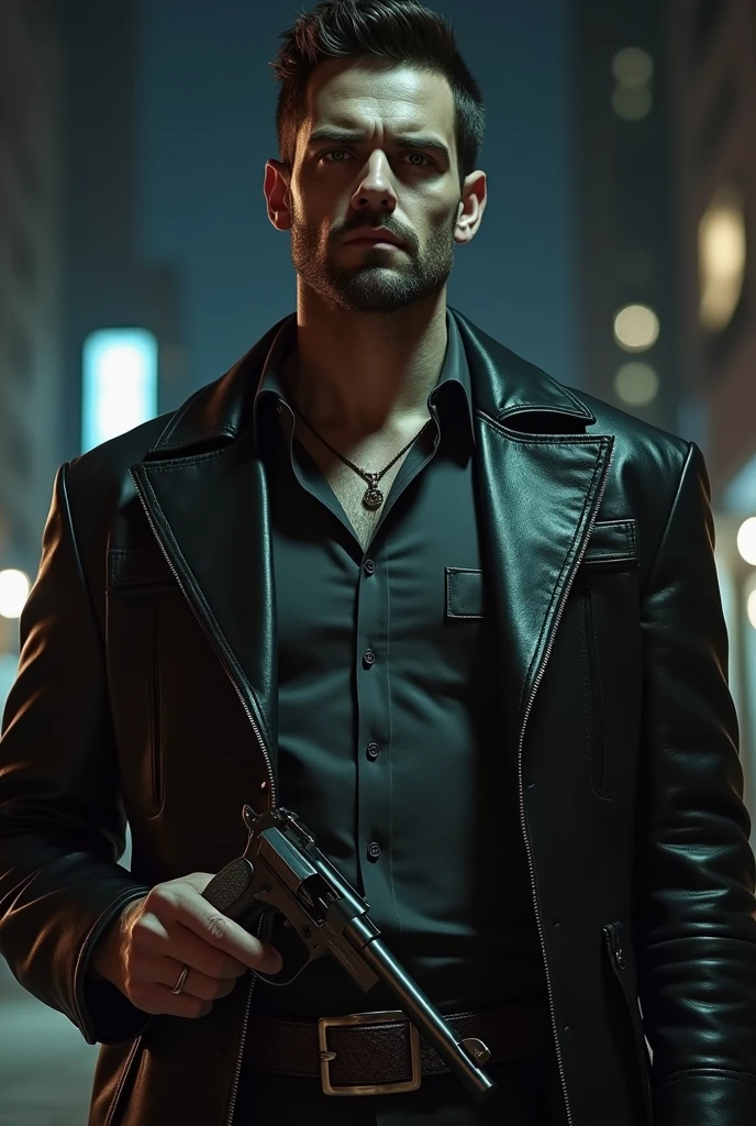 A photorealistic portrait of Mike Chambers, a cruel and tormented vampire character from Vampire: The Masquerade. He has a tall, imposing build with a cold, intense gaze. His face shows traces of past warmth that have hardened into a severe, ruthless expression. He wears a modern, Western-inspired outfit with a leather jacket over a button-down shirt, and he holds a Smith & Wesson 686 .357 Magnum revolver in his hand, displaying a controlled yet threatening posture. The background is dimly lit, with hints of a nighttime cityscape, creating a dark and menacing atmosphere. He is 30 years old.