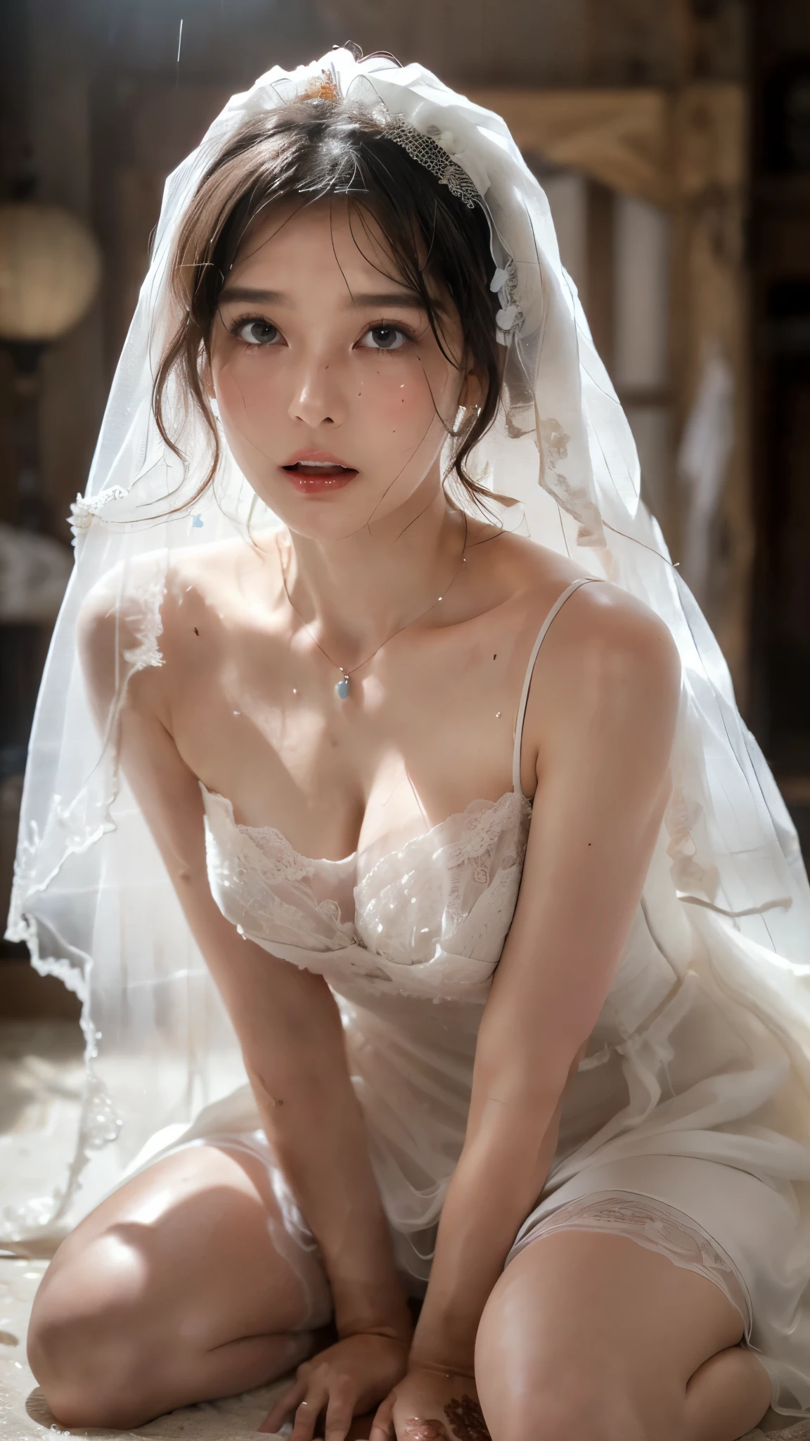 (masterpiece: 1.3), ( Maximum resolution : 1.2), (Ultra HD TV: 1.2), Cinematic Light, 8k resolution,  。Fine facial features   , (  sharp concentration : 1.2）, (  face with the crowd :1.2),  perfect style ,   beautiful face, Acura,   anatomically accurate ,   extremely detailed face and skin textures  ,   beautiful eyes,  beautiful eyes,  Thin eyebrows,   Natural blush,     glowing skin   ,   white skin: 1.2, ( glossy lips : 1.4),、 (   embarrassing expression  : 1.2),  extremely detailed face and skin textures  ,  Natural blush, ,  glossy lips : 1.4,  perfect style 、 、  soft breasted  、（ Chest :2.4）（Sperm on thighs:2.2）、 （Sperm on face:2.5）、  sweated 、Wet服、、A humiliating look、 Restless expression 、 Frightened expression、   embarrassing expression  、Glare、anger、sorrow、tears、Open your knees、 feet 、   White underwear  、  necklace  、Wrinkled clothes、  white panties 、  I'm sweaty、Thin underwear、  stockings  、22 years old、 Clear,  Nicely Dressed ,1 person、  with Chest facing up, Dimly lit basement、Stone Room、  sits on the floor、Silvery white hair、Chestnut Hair、  beautiful eyes、( wedding dress:1.5)、Veil、  torn clothes 、 Wet 、  short hair 、 I'm surrounded by multiple men who are completely naked and have erect genitals、