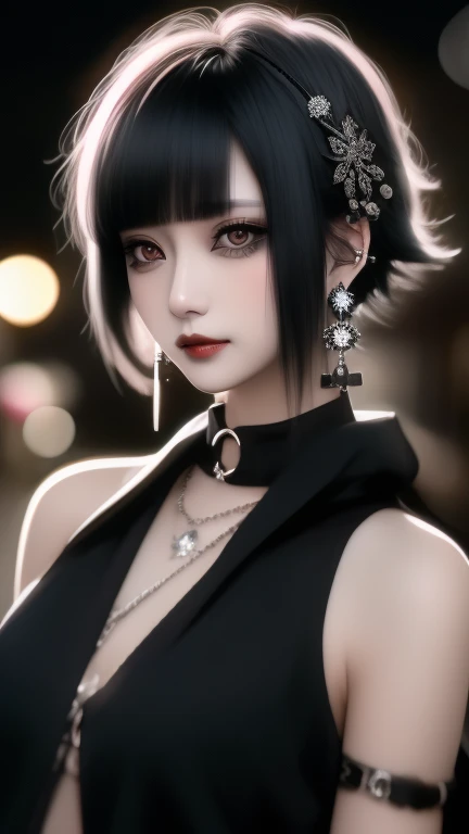 ​sfw, masterpiece, top-quality, ((1womanl)), different black color, finely eye and detailed face, intricate detailes, Casual black and white attire, window, A smile, Happiness, tenderness, high-level image quality、selfee, Beautuful Women、tall、a small face, D-cups, The upper part of the body、nightfall, nighttime scene、𝓡𝓸𝓶𝓪𝓷𝓽𝓲𝓬、Korea person, Idol Photos, Model photo, k pop, Professional Photos, Vampires, Korean fashion in black and black, Fedoman with necklace, inspired by Sim Sa-jeong, androgynous vampire, :9 detailed face: 8, extra detailed face, detailed punk hair, ((eyes are deialed)) baggy eyes, Seductive. Highly detailed, semi realistic anime, Vampires, hyperrealistic teen, Delicate androgynous princess, imvu, ((short hair woman)), black hair woman with wild look, ((Woman with short black hair)), ((1 persons)), sitting, wearing bra,((skinny waist)), young asian girl, ((big breasted)),