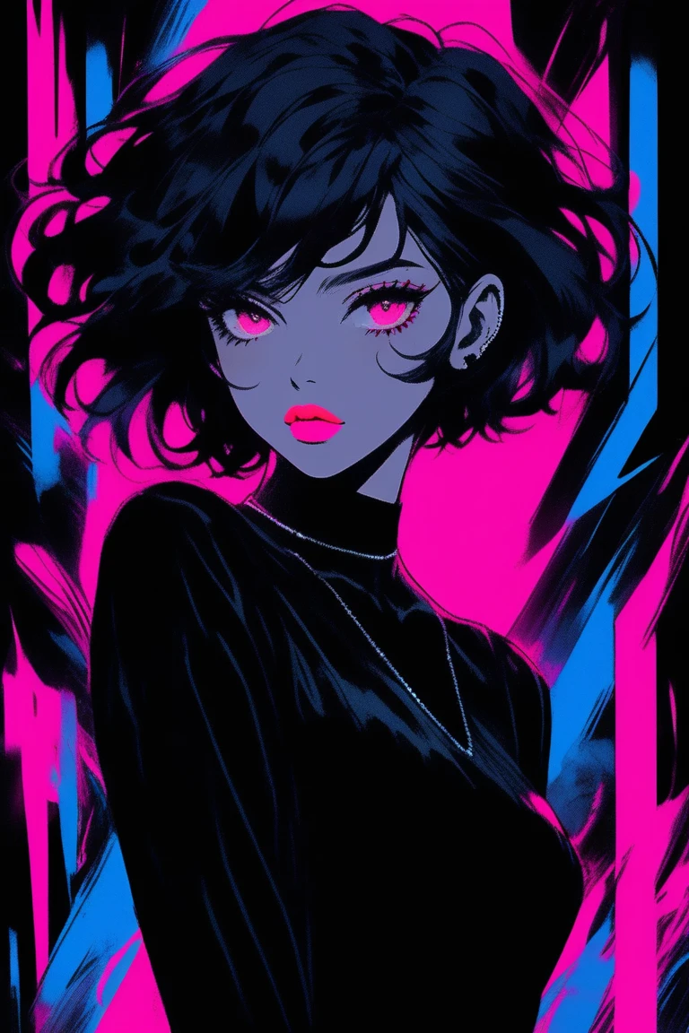 (best quality, sketch:1.2),realistic,illustrator,anime,1 girl, detailed lips, black dress,custom, (background dark monochrome),neon hair,textured cropping, masterpiece, style retro classic, noir dark, art, sketch book, (short hair black:1.75 neon:1.32), bad women , dark monochrome background, dark fantasy 