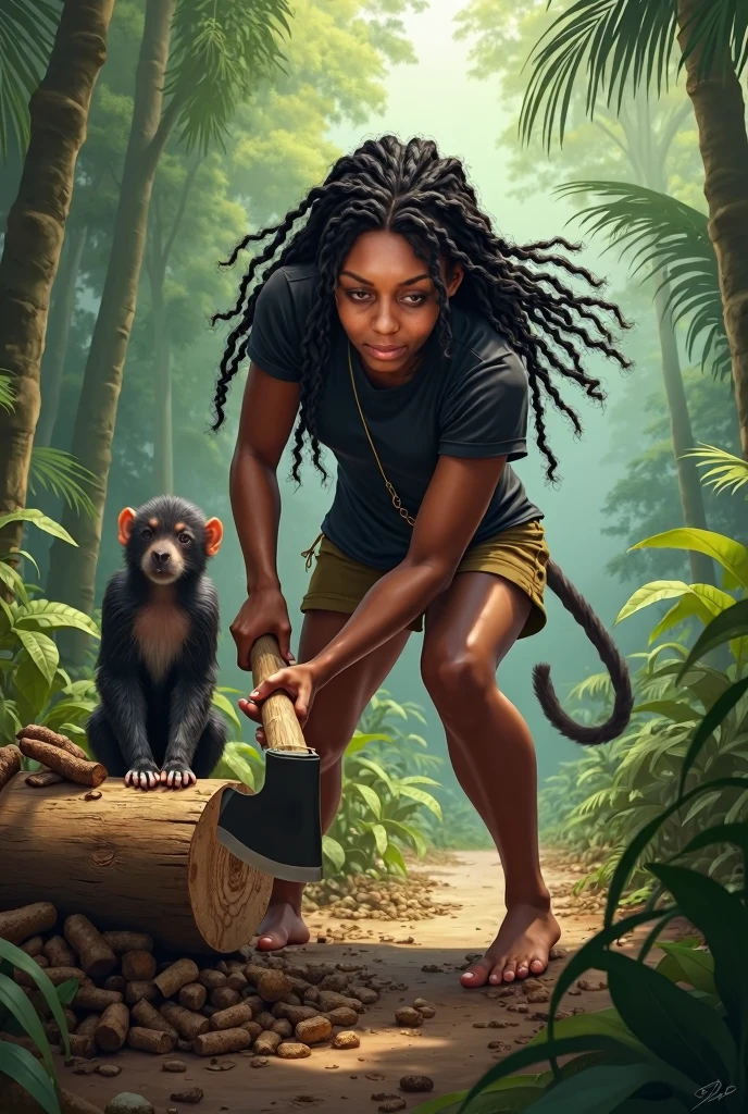 Create a realistic image of a woman chopping wood in a tropical forest. The woman should have the same physical characteristics as the person shown in the provided photo: dark skin, long curly braided hair, and wearing a black t-shirt. She should be using an axe to chop the wood, while a monkey beside her tries to mimic her movements by holding a smaller piece of wood. The scene should depict the interaction between the two, with realistic details of the environment, including tall trees, scattered leaves on the ground, and sunlight filtering through the tree canopies.