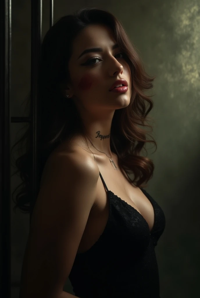 detailed and realistic editorial of 25 year old beautiful croatian model tattoes in bed negligee lingerie, large eyes brunette, perfect body, sweat, wet hair, seductive character, Leica 50mm, f1. 4, humid, wet, RAW, cinematic, dark red and black hues