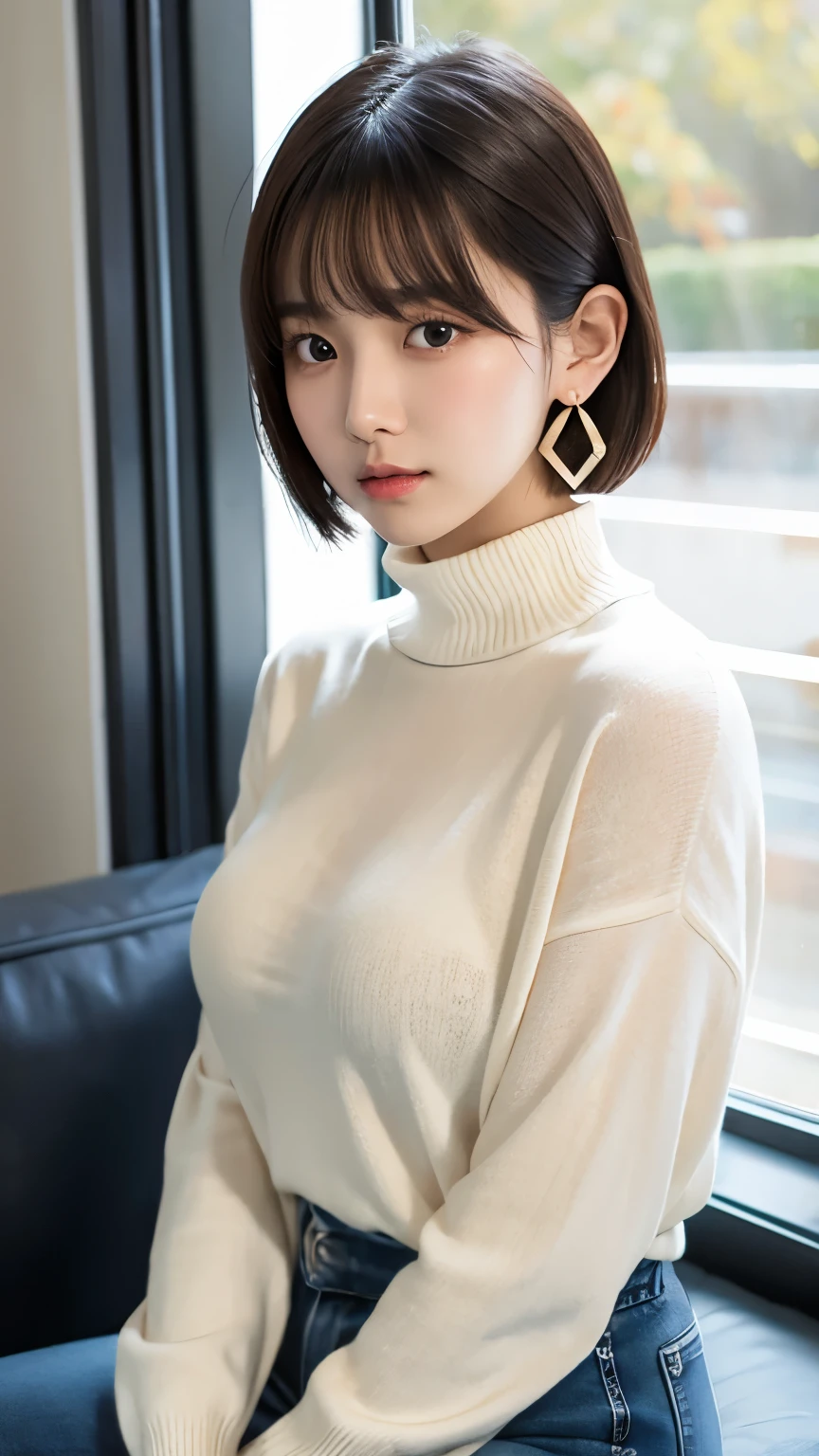 (masterpiece:1.5)、(realistic:1.5)、(highest quality:1.4、8K、RAW photo)、
ultra high resolution、professional lighting、perfect dynamic composition、Shot indoors、
film grain、chromatic aberration、(Bokeh:1.1)、
Frank、Sophisticated、charm、超realistic、high detail、golden ratio、
(1 girl)、slender girl、繊細でcharm女の子、cute woman:1.4、
serious expression、looking at the viewer、sculpture installation、Sit on the couch and relax、
light brown hair、shining hair、Hair style is ponytail、
skin that looks real、
close your mouth、fine eyes、double eyelid、thin arms、、
(She is wearing a white turtleneck ribbed sweater dress.:1.3)、show thighs