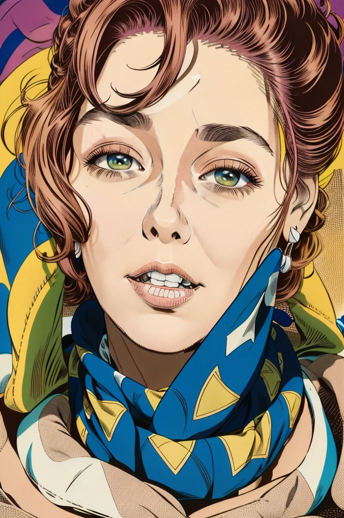 professional close-up photograph of a young woman wrapped in a warm colorful quilt, Cel Shading,  bold outlines , flat colors , sharp shadows, graphic style, (manga influence:1.3), clean line work, impressive visuals, Comic book 