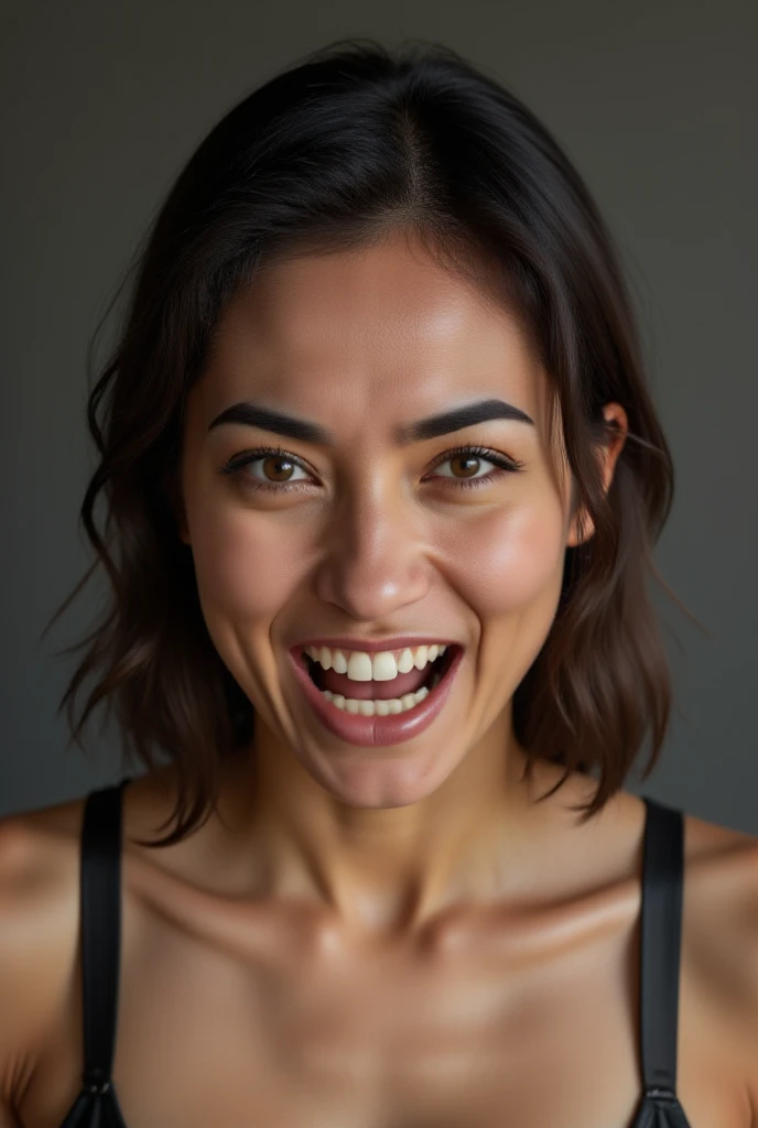 The image is a portrait photograph of Eraa. She is extremely angry:  A fierce expression of anger on a woman's face, with tightly pressed lips forming a snarl, narrowed eyes filled with intensity, and deeply furrowed brows that reflect her frustration. The studio background is out of focus, ensuring the focus remains on the subject's face.