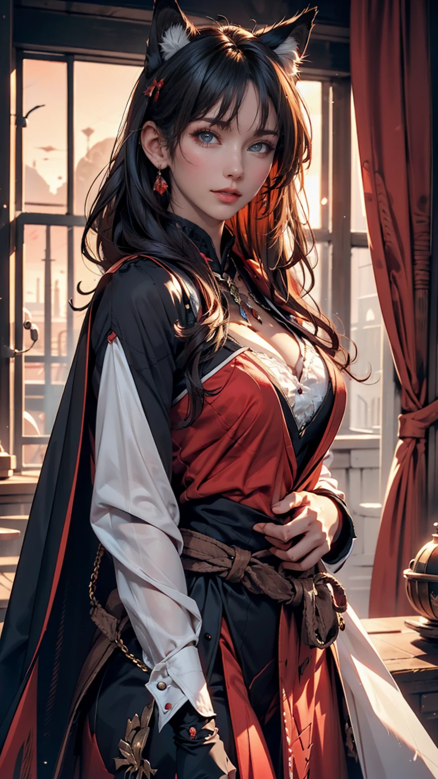 medieval setting, full view of body, 1 skinny female with large breast, beatiful smokey green eyes, black hair pinned up, elegant off-shoulder strapless midi dress, red scarf around her neck, eerie sunset