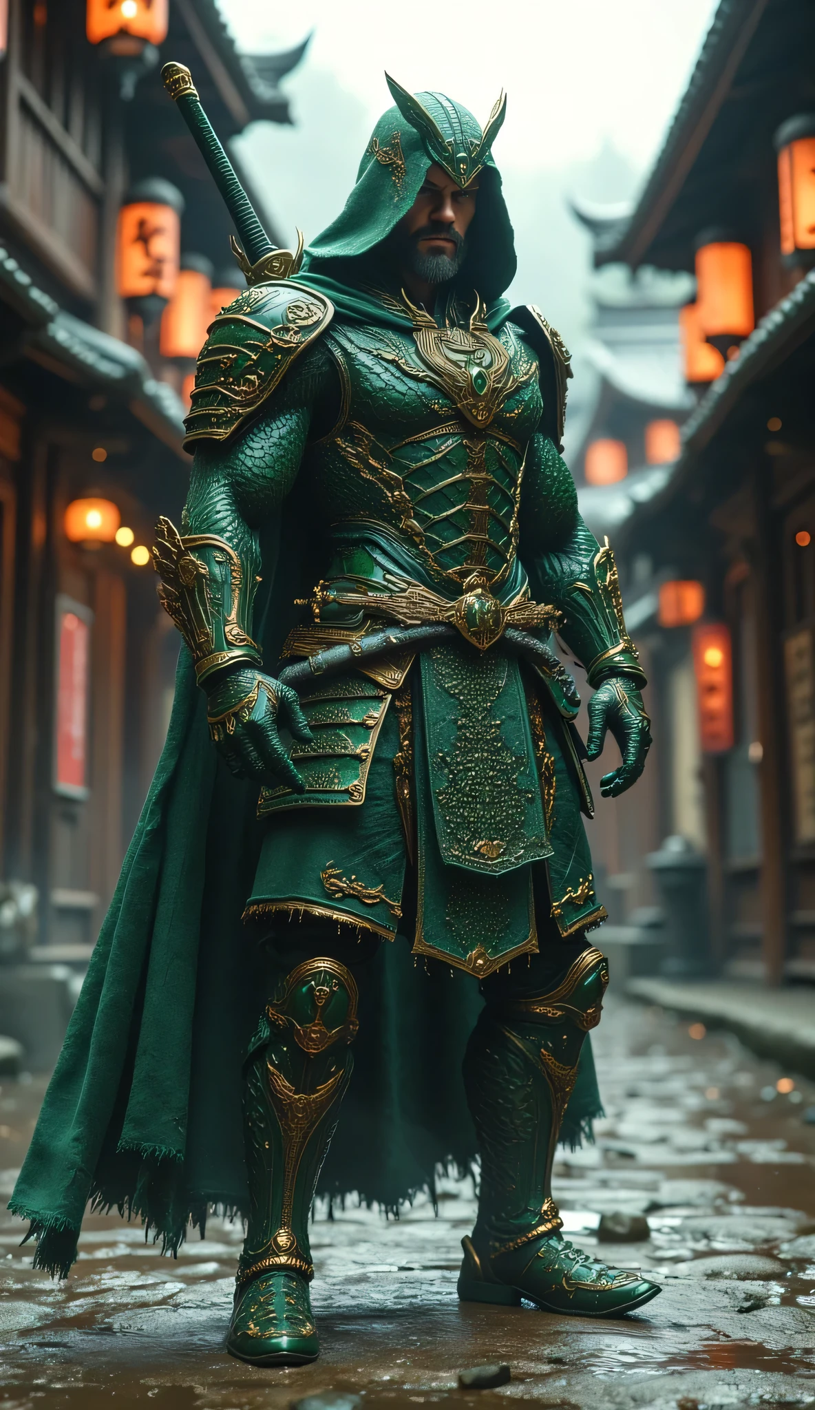 Create an ultra-realistic, wide-shot image of Aquaman reimagined as a fierce Samurai warrior, standing in a traditional Japanese street. His attire combines samurai armor with Aquaman’s unique oceanic motifs, featuring scales and wave patterns in deep green and gold accents. Aquaman wears a tactical, high-tech cloak with a hood draped over his head and shoulders, adding mystery to his powerful stance. A long, razor-sharp katana is strapped to his back, with the hilt decorated in sea-inspired designs that highlight his connection to water. The background is an ancient Japanese street scene, with authentic wooden buildings, kanji signs, and warm, glowing lanterns that line the path. The scene captures a cinematic atmosphere, with mist subtly floating in the air, evoking a historical Japanese setting. The wide-shot framing emphasizes Aquaman’s majestic, commanding presence as a Samurai, blending his strength as a protector of the seas with the honor of a legendary Japanese warrior."