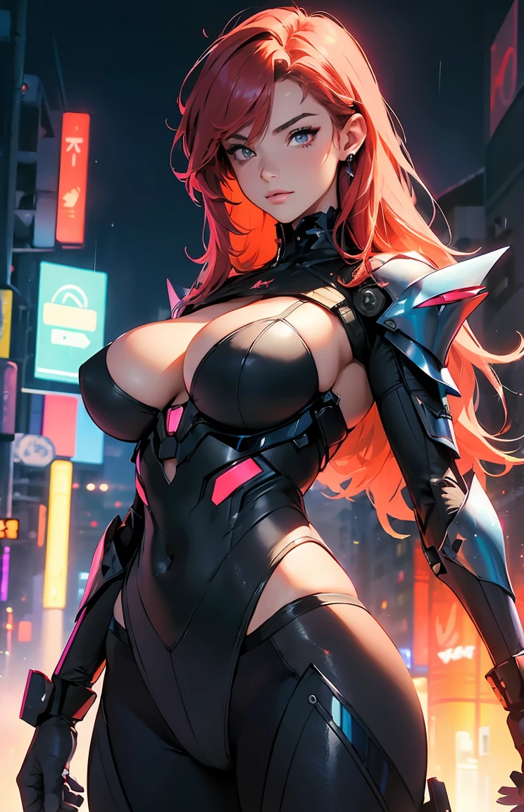 (The best quality,4k,8K,highres, masterpiece :1.2),  Ultra detailed, (realistic,photorealistic,photo-realistic:1.37), portraits, Red eyes of the devil, beautiful woman, cyberpunk background, Futuristic, neon lights, smoky atmosphere, reflective surfaces, bright tattoos, metal elements,  extravagant hairstyle , provocative fashion, seductive look,  vibrant colors,  dynamic pose , urban landscape, urban chaos, technologically advanced , augmented reality, holographic projections, dystopian environment, skyscraper, flying vehicles,  streets drenched in rain, dark alleys, bustling crowds, Energetic and vibrant, mysterious aura, mecha armor, chest armor, gigantic , beautiful , neon red hair,  half-length view , arms up, close up, deep neckline, robotic bat wings,  huge breasts, tied hair, mechanic ribbons