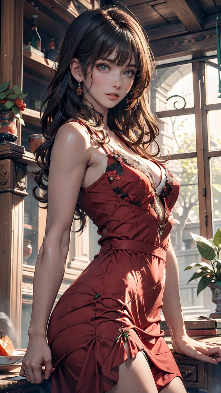 (masterpiece:1.2, highest quality), (Realistic, photoRealistic:1.4), Beautiful illustrations, (Natural Side Lighting, Cinema Lighting), Written boundary depth, Beautiful thighs staring at the viewer, (Face Focus, Upper Body), 1 female,20-year-old,alone,(With background:Hotel Rooms) , thin, slender, Long Hair, Curly Hair,Forehead, Forehead, Forehead, thin, slender, Big , Bare thighs, Red long dress with straps, Earrings, necklace, Are standing