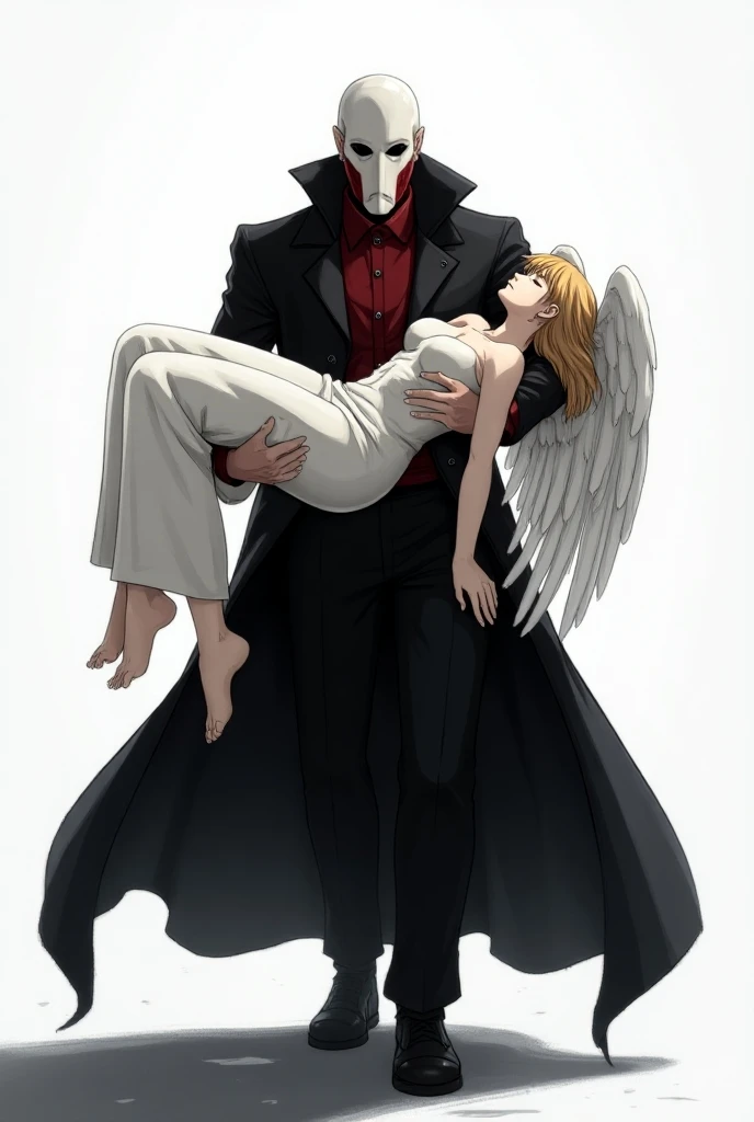 The image is anime style cowboy bebop and Darker than black with shadows and dim lights, anime style although somewhat adult and dark, It shows Golbez from Final Fantasy IV, who wears a white theater mask with red and blue of the Melpómene or Talía type, that does not allow his face to be seen, in a side pose with his cape billowing forward; With both arms he carries an adult female angel with very long hair, fainted, asleep, that has eight wings, whose head, hanging, like your feet. It looks ominous. Anime style white wall in the background, white rock debris everywhere.