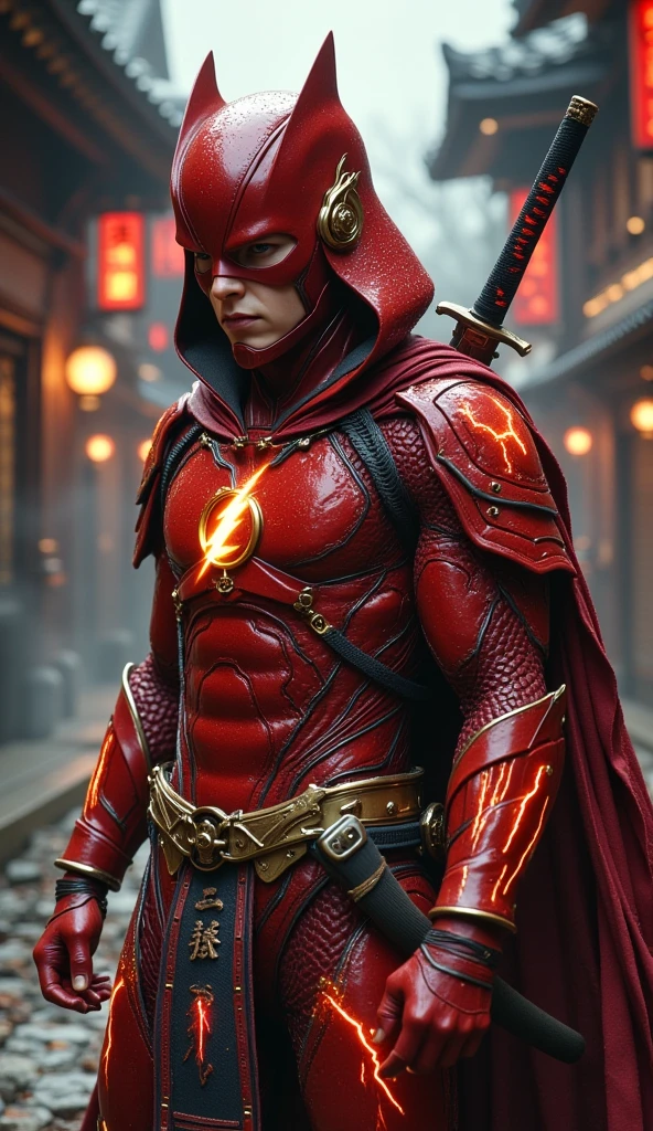 "Create an ultra-realistic, wide-shot image of The Flash reimagined as a dynamic Samurai warrior, standing in a traditional Japanese street. His attire combines tactical samurai armor with iconic elements of The Flash, featuring accents of red and gold lightning motifs woven into the armor’s design. The armor includes sleek, high-tech plating with aerodynamic lines, capturing the essence of speed. He wears a cloak with a hood draped over his head and shoulders, blending the mystery of the samurai with The Flash’s agile persona. A long, razor-sharp katana is strapped to his back, with the hilt subtly decorated in lightning designs that symbolize his swiftness. The background features an old Japanese street, complete with wooden buildings, glowing lanterns, and kanji signs, evoking a historical Japanese atmosphere. Mist drifts through the scene, creating a cinematic ambiance that highlights the power and speed of this Samurai version of The Flash, perfectly framed in a wide shot to capture his presence as a legendary warrior of speed."