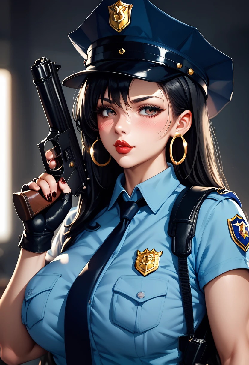 1girl, long black hair, blushing, black police hat, giant hoop earrings, blushing, soft red lips, holding gun, headquarters background, female, police officer uniform, black fingerless gloves, busty anime girls