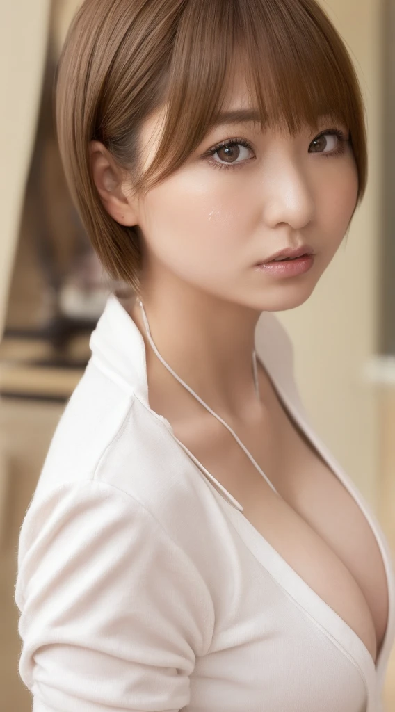 ((Best Quality, 8k, masterpiece: 1.3)), sharp: 1.2,  perfect body beauty : 1.4,  slim abs : 1.2, (( Layered Hairstyles , Big Breasts: 1.2)), (濡れた White Button Long Shirt: 1.1), (nude: 1.2), Close face: 1.5,   Highly detailed face and skin texture  ,  beautiful eyes, double eyelid, Side view of the camera、((My chest is wet))