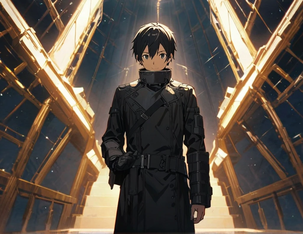 masterpiece, Best Quality, 8k, ((1 male, Alone, male focus, Confident,)), Beautiful ocean glass room , Best Quality, Kirito, anime style cool guy, Sword Art Online, black slim armor, black trench coat, 1boy, looking at viewer, standing, thinking, smiling, upper body, ultra-detailed, Simple background, high quality, high resolution,,very evill smile,very short hair,clothes are all black, A Face That Exudes Meanness and Cunning has a realistic live-action feel,Draw the whole body