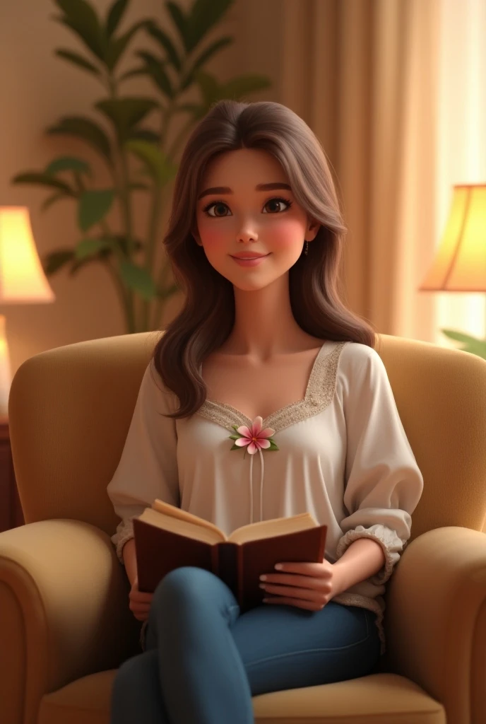 A Pixar style, she has straight and long natural brown hair, her hair is tied and few locks that fall slightly over her shoulders, she has a pretty face and a cheerful expression. She wears a white sleeve blouse with a floral fastening and a skirt she is sitting in a comfortable armchair with her legs crossed with a bible, the setting of a living room with lamps