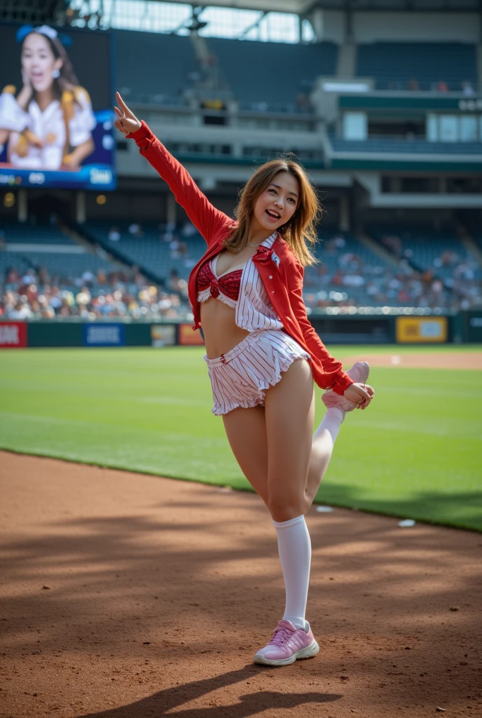  A 20-year-old slender woman with a cute model system of a cheerleader wearing a sexy, revealing baseball uniform、 dancing a fierce dance on a stage set up in an outfield seat at a baseball field 、Pose of raising one arm and pointing to heaven 、 the other is putting her hand on her lower back 、 with one leg raised、 wearing white socks and pink sneakers 