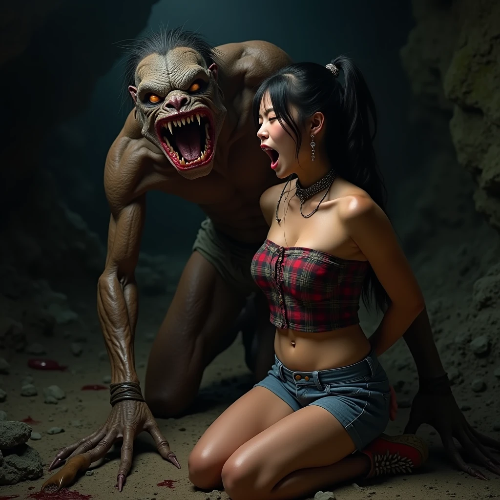 ultra detailed), a beautiful and detailed full size portrait of a female human getting raped by a huge big feral taller monster, scalie monster, long hair, horned, long hair, pregnant human, monster penetrating human, sex, dominating male , neck bite, bitting, torn clothes, ripping clothes, shirt, ,monster/human, male/female, feral on human, non-mammal breasts, big body, sexy body, goddess, kenket, Ross Tran,ruan jia, trending on artstation,foxovh, cenematic lighting, outside, hill, under cave, dirt, snow, detailed background, night, angry, detaled eye, long penis, big penis, big balls, cumshot, panties, impregnating, mating, licking body, front view, from front position, ambiguous_penetration, blood in vagina,