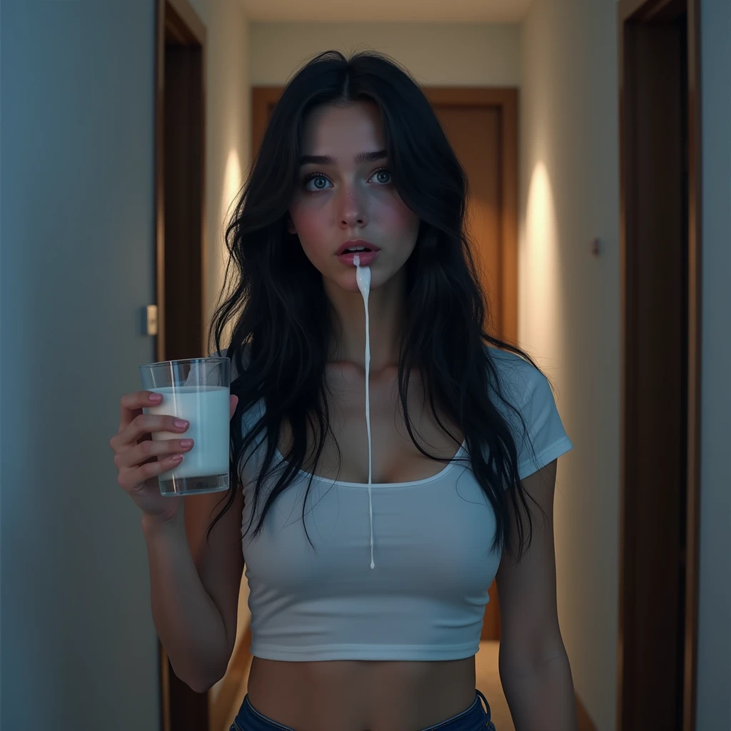 (8k, RAW photo, top quality, masterpiece: 1.2), (realistic, photorealistic: 1.37), adult 1, Japan, black hair, ((((jacket, bra, tight skirt)))), close-up, mischievous face, (((camera gaze)), giant looks down at her. ((((mouth open))), spilling milk in the mouth, ((((A large amount of white liquid flows from the mouth down the chin: 1.3))), conference room, sitting on the floor, looking up: 1.3