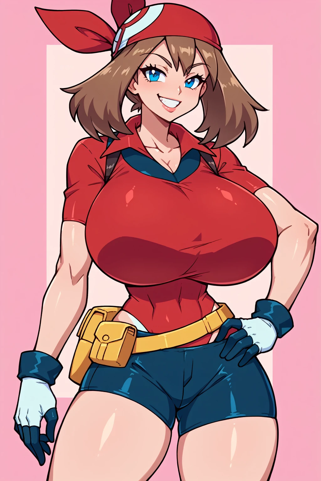 score_9, score_8_up, score_7_up, BREAK, anime style, MayPXL, blue eyes, brown hair, short hair, red bandana, red shirt, short sleeves, gloves, black shorts, torso, smug smile, gigantic bust, toned, strong, bimbo body, 