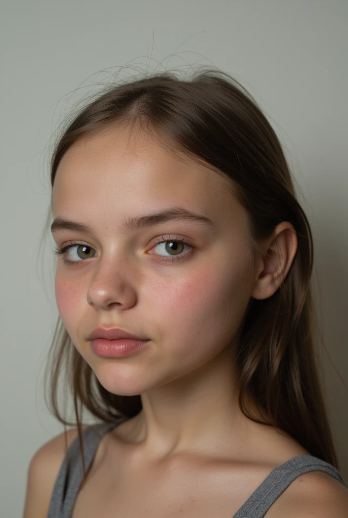 Close-up young teenage girl, pale skin color
All back hairstyle forehead
looking at the camera
Body also facing the camera
