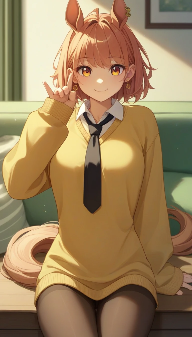 score_9、score_8_up、score_7_up、source_anime、solo、 1 girl、Agnes Tachyon、smile、 stares at viewers、Horse&#39;s ears、White、Sleeves longer than your fingers、 yellow sweater、 black tie、 pantyhose、One earring、Horse tail 